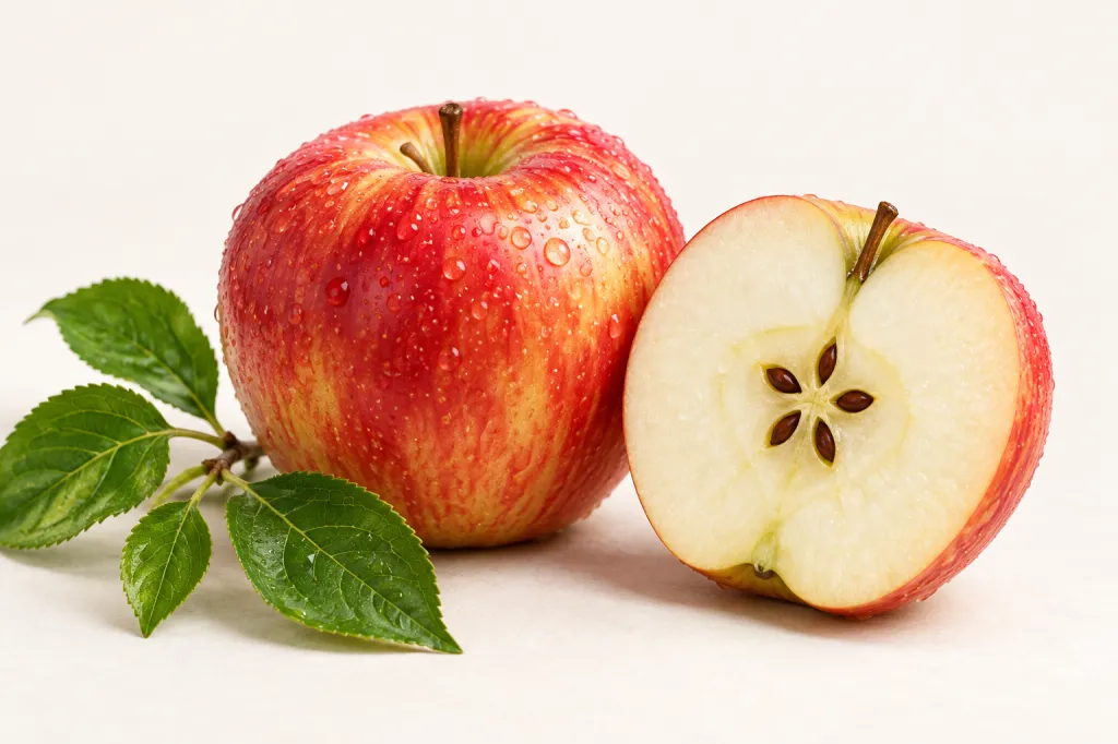 Illustration of a whole and a halved Honeycrisp apple with leaves