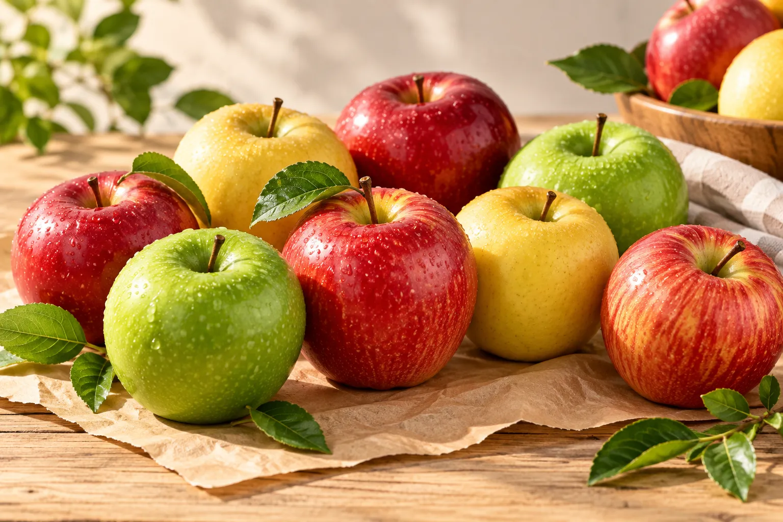Illustration of red, green, and yellow apples on a wooden table