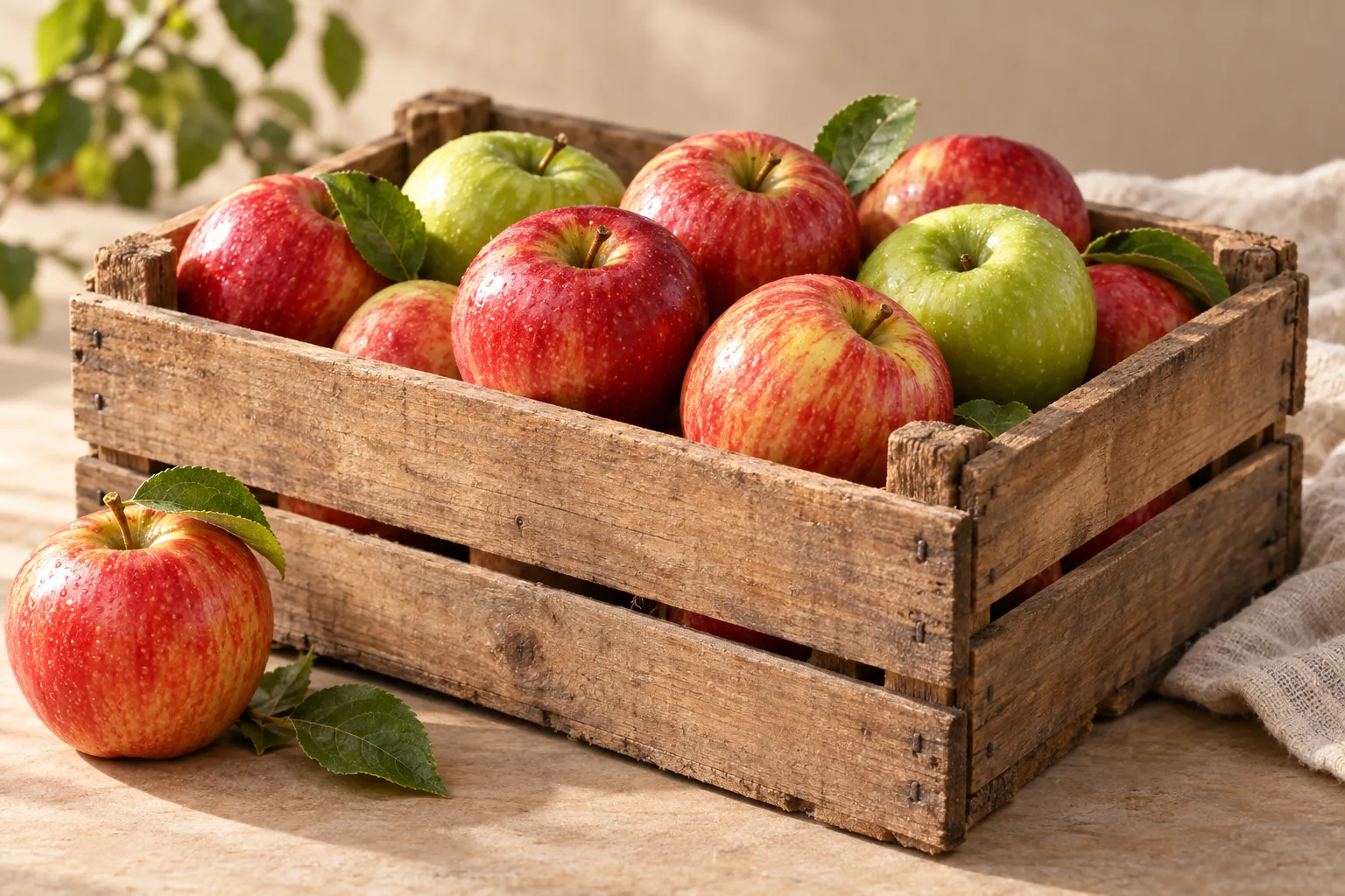 Illustration of apples in a wooden orchard crate