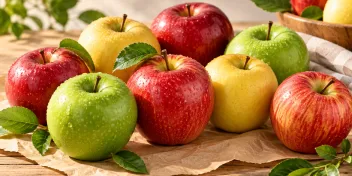 Illustration of red, green, and yellow apples on a wooden table