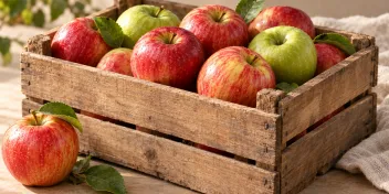 Illustration of apples in a wooden orchard crate