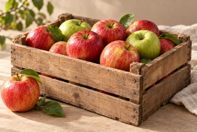 Illustration of apples in a wooden orchard crate